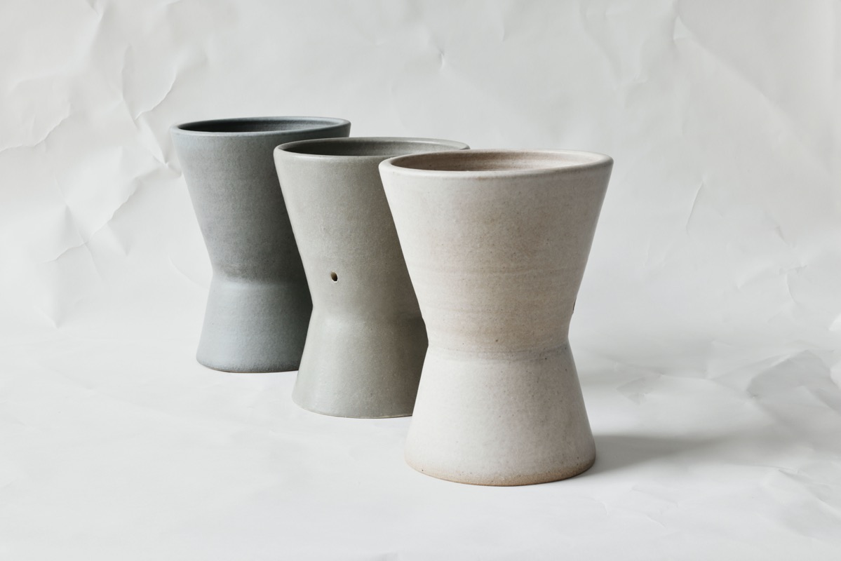 puya ceramics 'the dern' hydrochannel plan pots in ancient marble, verdigris and blue moon custom glaze.