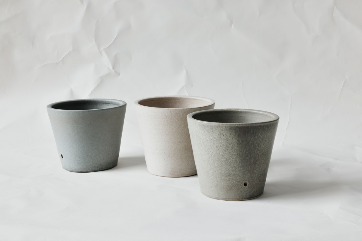 puya ceramics 'the arthur' hydrochannel plant pot in custom glazes, ancient marble, verdigris and blue moon.
