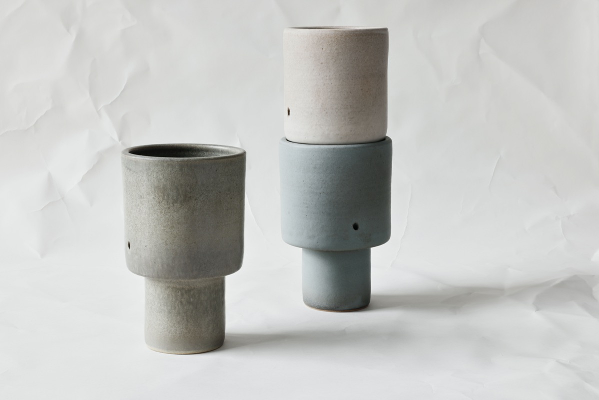 puya ceramics 'the minelli' stacked trio in ancient marble, blue moon and verdigris custom glaze